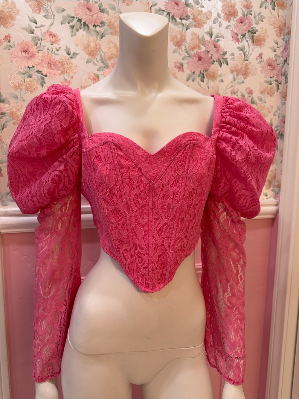Hot Pink Lace Puff-Sleeve Corset Blouse